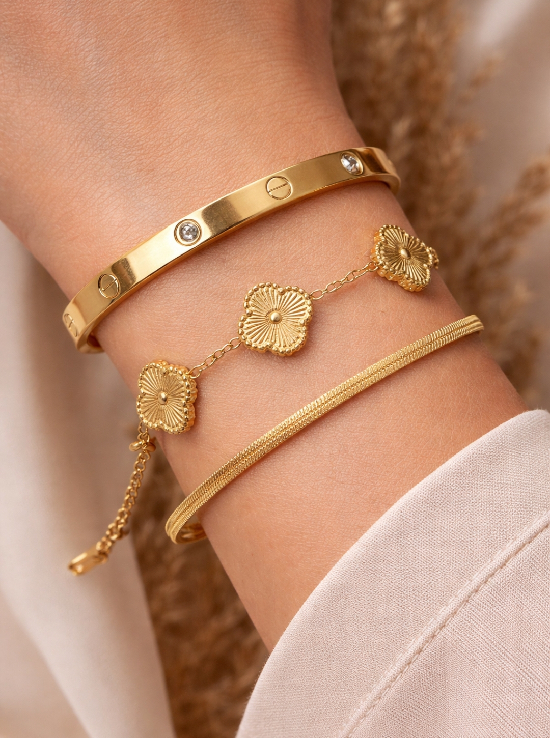 3 Pcs Stainless Steel Bracelet Set for Women – Gold & Silver Variants – Adjustable Chain, Flower Design & Crystal Bangle