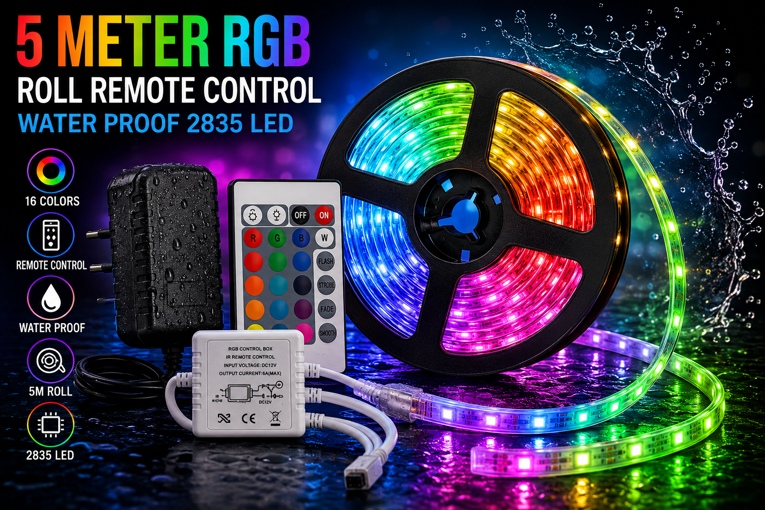 RGB LED Strip Lights 5 Meter Waterproof Color Changing Kit with Remote Control, 2835 High Brightness LEDs, Self-Adhesive Flexible Light Strip, 12V Power Adapter Included, Multi-Color Decorative Lighting for Bedroom, Gaming Room, TV Backlight, Kitchen,