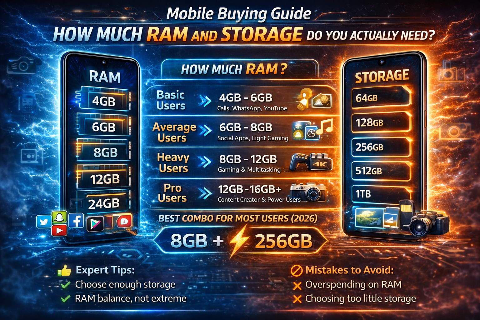 Smartphone RAM and storage guide showing 4GB to 16GB RAM and 64GB to 1TB storage recommendations for different users