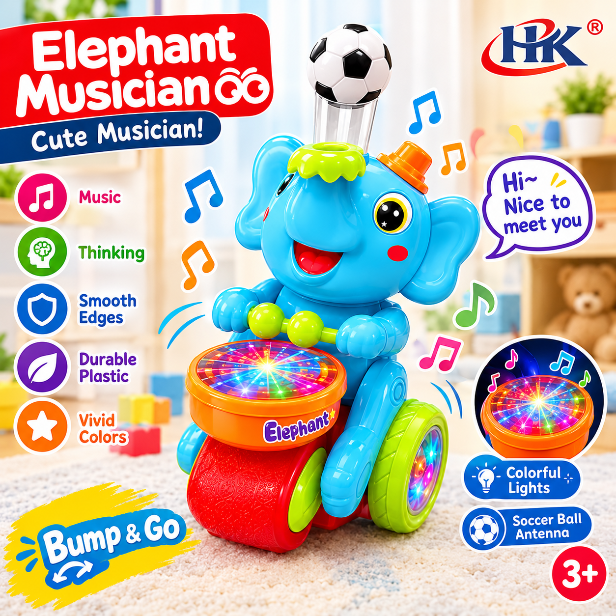 Musical Elephant Toy for Kids – Dancing & Drumming Elephant with Music, Bump & Go Function, Educational Interactive Toy