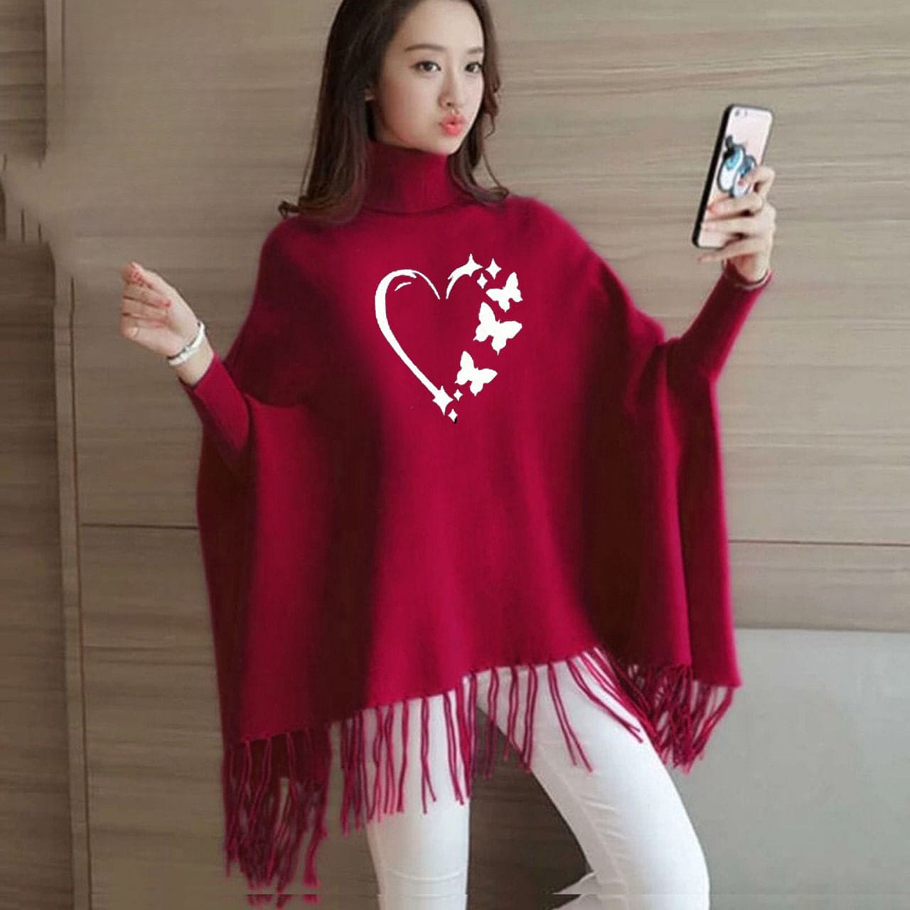 Women's Bat-Wing Style Printed Fleece Poncho