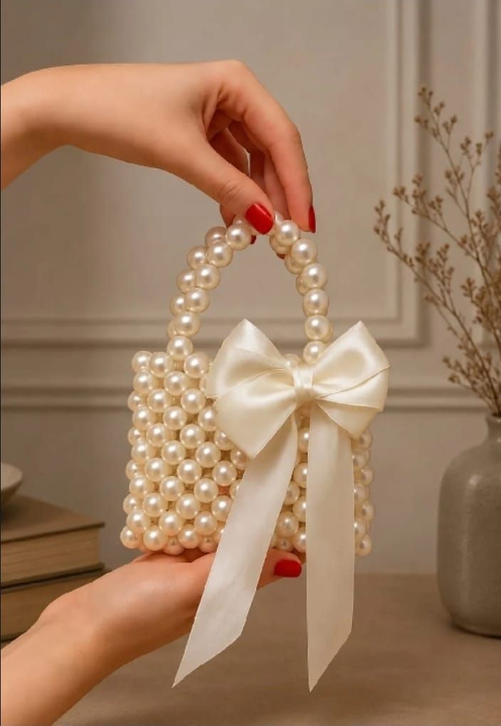 Elegant Mini Handmade Pearl Bag With Ribbon Bow – Versatile Design for Crossbody and Shoulder Carry - Wedding Clutch