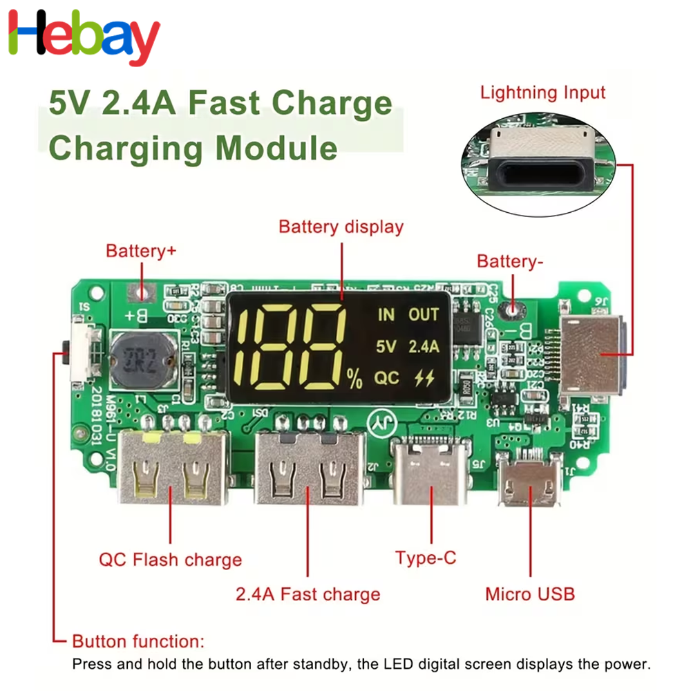 DIY Power Bank PCB Module 5V 2.4A Fast Charging Board with LED Battery Display, USB-A, Type-C, Micro USB & Lightning Input for 18650 Lithium Battery |