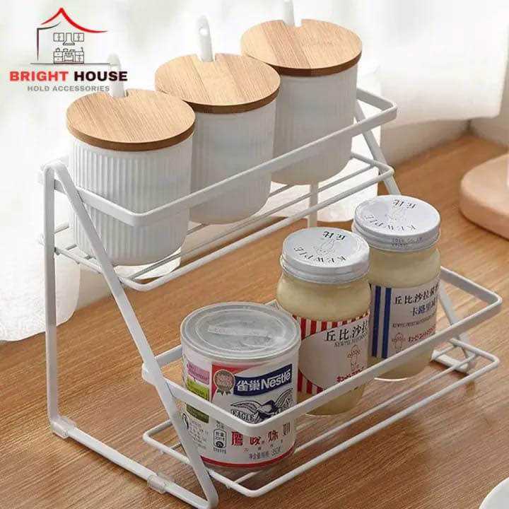 Two-Tier Metal Spice Rack | Kitchen Spice Organizer Stand with Ceramic Jars | 2 Layer Masala Storage Rack