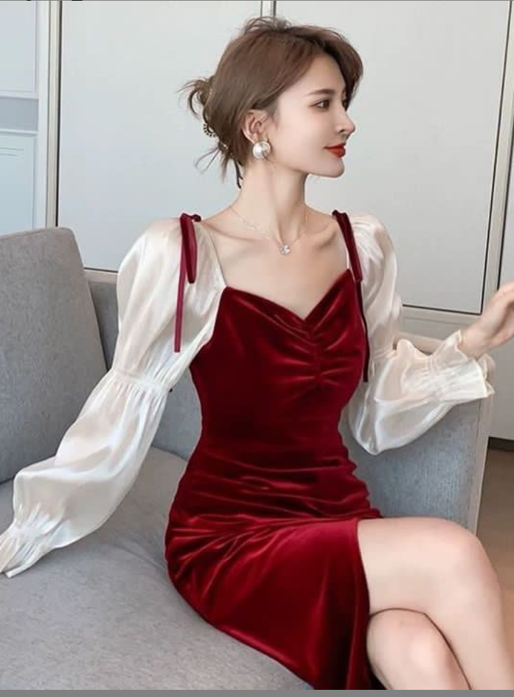 elegant casual red dress Blczomt Long Sleeve Womens Dress Plus Size Cotton Red Dresses Dressy Casual Elegant Solid V Neck Dresses, Women's, Size: 4,6,8,10,12,14,16,18,20