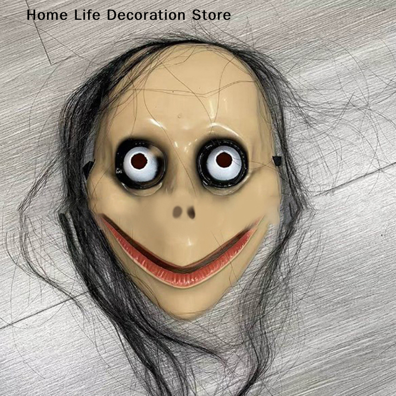 Halloween MO MO Mask With Long Hair Big Eyes Funny Mask Horror Ghost Party Costume Props V-shaped Mouth Mask Halloween Cosplay