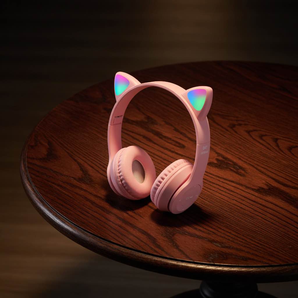 Cat Ear Wireless Bluetooth Headphones for Girls with LED Light and Microphone