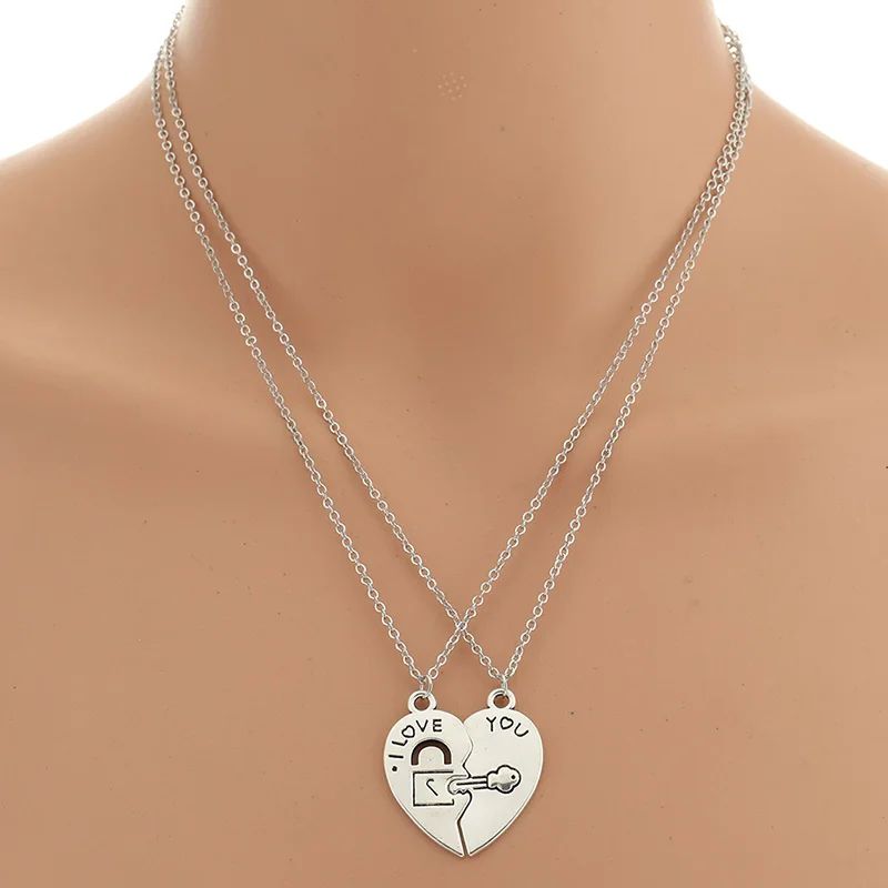 2 PCs/Set Couple Necklace For Women And Men Silver Heart Pendant Paired Necklace Fashion Necklace Gifts For Women Key And Lock