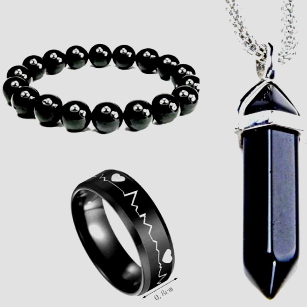 3PS/HOT SELLING  JEWELRY DEAL FOR MEN /WOMEN -TOP FASHION HIGH QUALITY SIX SIDED NATURAL BLACK PERSIAN STON PANDANT/ LOKCKET +STAINLESS STEEL BLACK TITANIUM HEART BEAT RING+ NATURAL BLACK BEADS BRACLET FOR BOYS AND GIRLS -FASION JEWELRY FOR UNISEX
