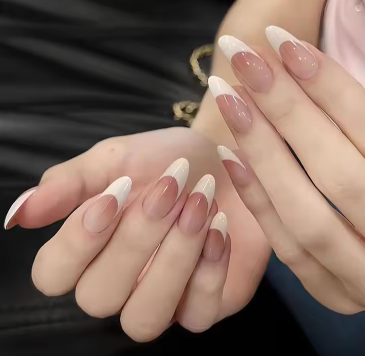 24French Gel Nail Tips - French Tip Nails Coffee Medium Almond Fake Nails for Nail ArtWith Glue Stickers Nail File