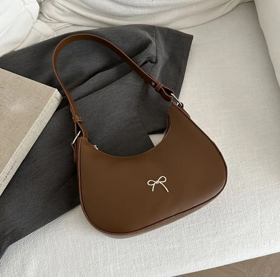 Women's Luxury Crescent Underarm Shoulder Bag  Cute Bow Leather Half Moon Purse & Handbag for Girls