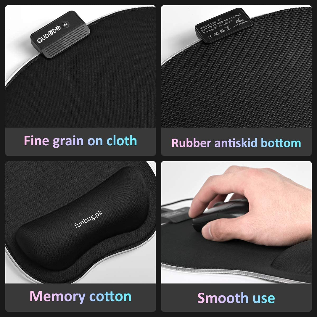 High-Quality XXL RGB Gaming Mouse Pad SMALL & Large Size with Gel Wrist Pad - Extended & Small Led Soft Cloth Mousepad Mat with Non-Slip Rubber Base & 14 Lighting Modes for Gamers, PC Computer, Laptop, Office - (800×300×4mm) - Black - FunBug