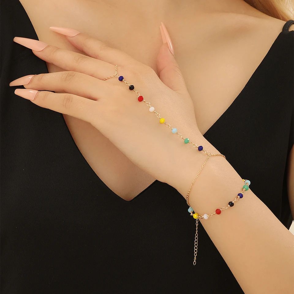 Colorful Beads Finger Ring Bracelet Women Girls Connected Alayer Charm Fashion Jewelry Piece