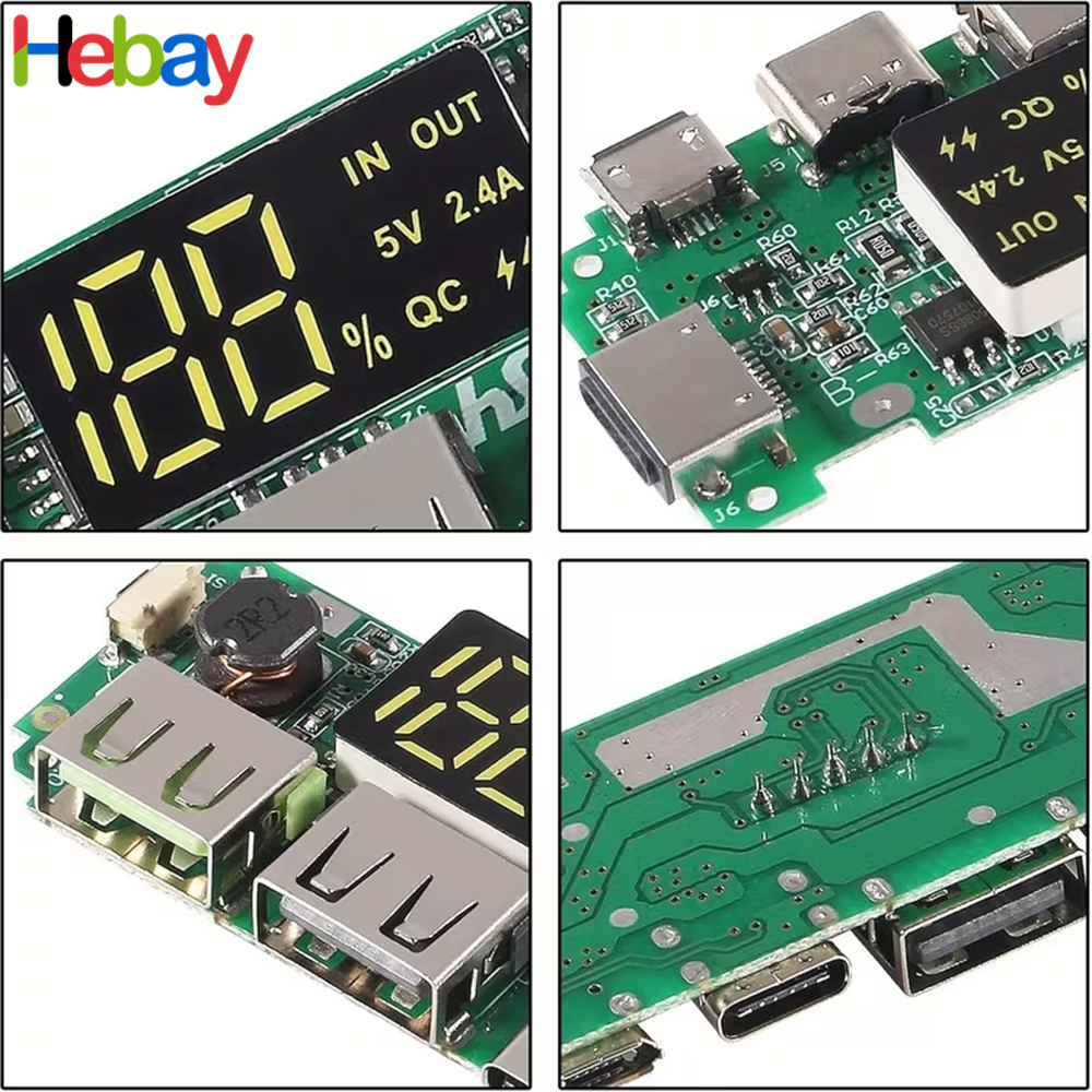 DIY Power Bank PCB Module 5V 2.4A Fast Charging Board with LED Battery Display, USB-A, Type-C, Micro USB & Lightning Input for 18650 Lithium Battery |