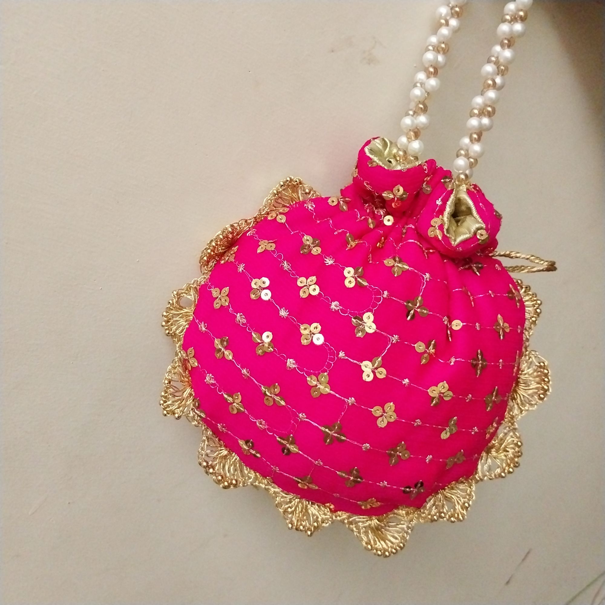 Embroidered Potli Clutch Bag with Pearl Handle for Party Wear