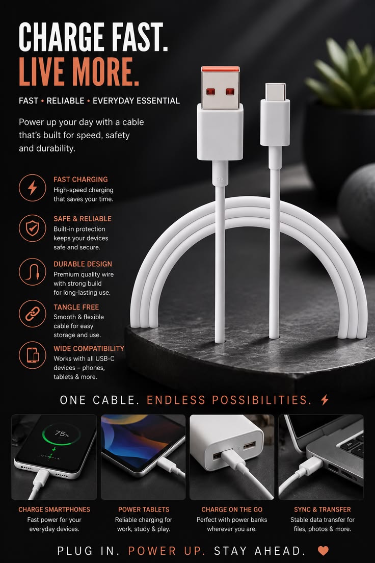 Type C Fast Charging Cable 3A | Data Sync USB-C Charger Wire for Android Samsung Xiaomi Huawei Vivo Oppo