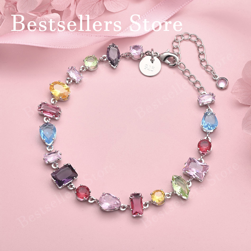 Luxury 925 sterling silver 8-inch exquisite colored zircon bracelet for women's fashionable wedding jewelry accessories