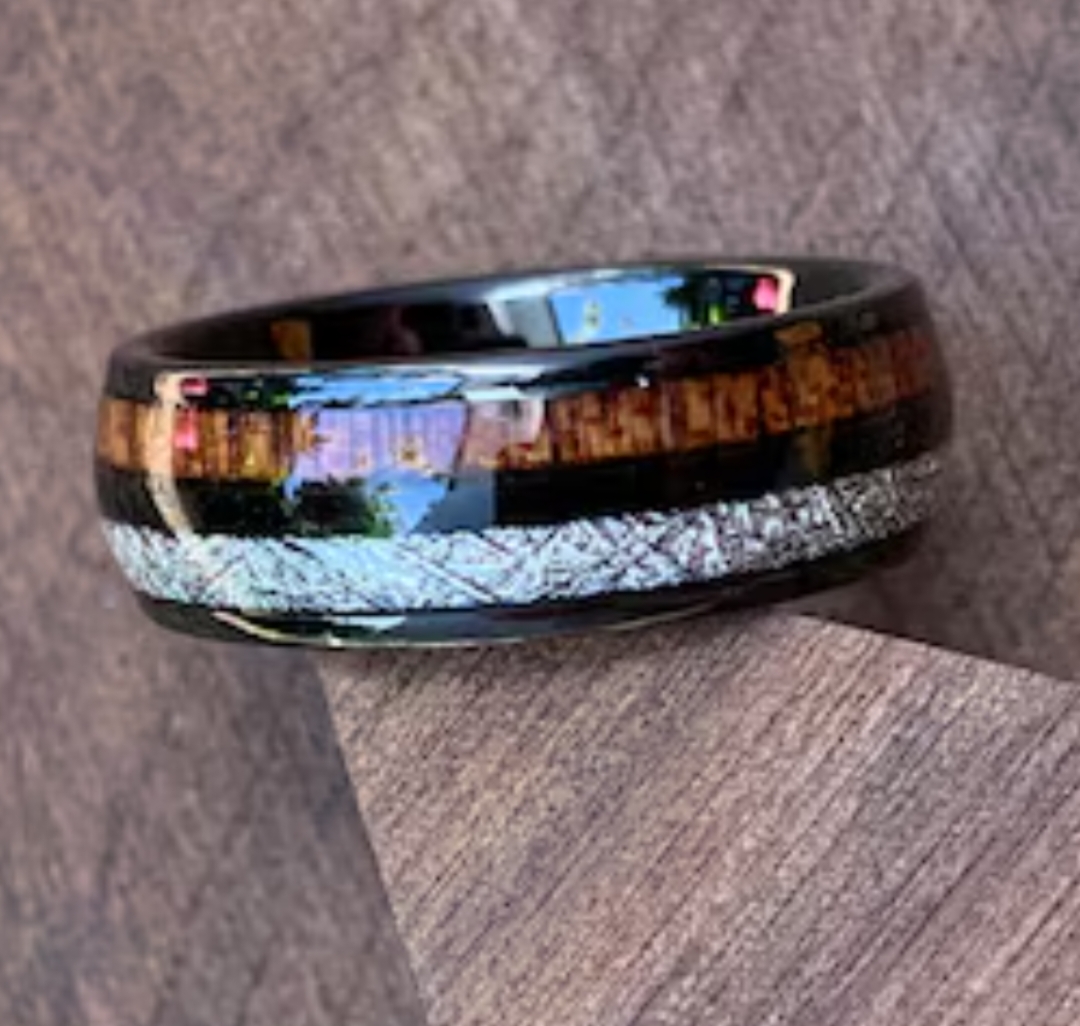 New Trend Mens Wedding Band, Whiskey Barrel Ring, Meteorite Ring, Rose Gold Mens Ring, Mens Promise Ring, Personalized,