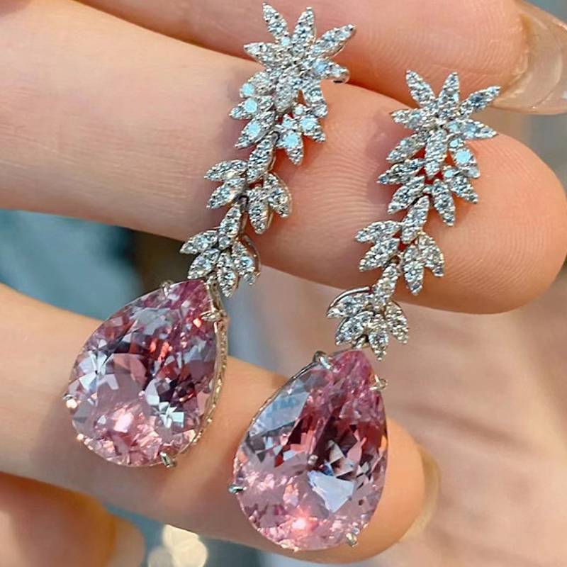 Huitan Aesthetic Women Drop Earrings Inlaid Sparkling Pink Pear CZ Elegant Party Engagement Accessories Gorgeous Trendy Jewelry