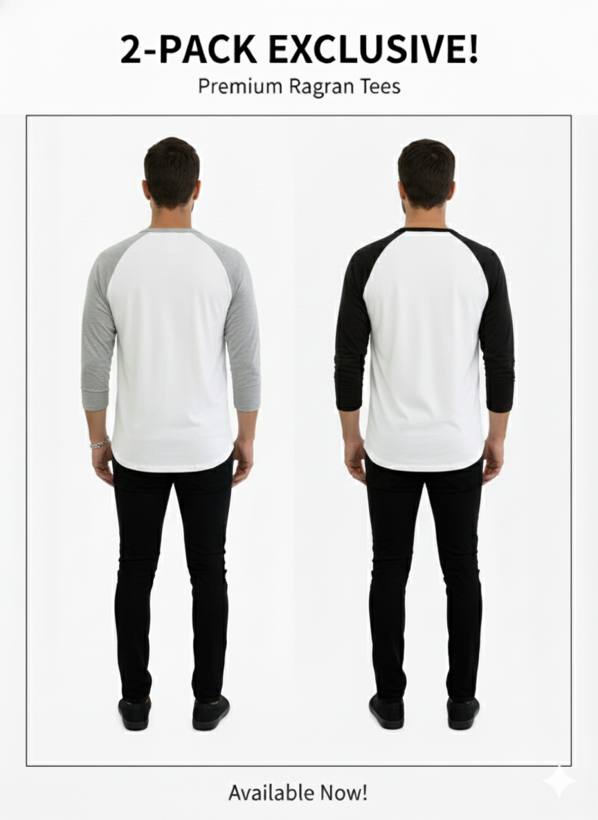 Men's  Basic Raglan Long-Sleeve T.shirt 2-Pack (Gray/Black)