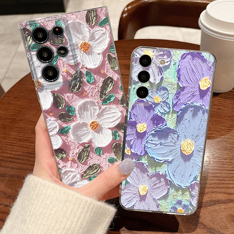Oil Painting Flower Print Phone Case For   S26 S25 S24 S23 Ultra S22 Plus S24 S21 FE S25 Edge Clear TPU Soft Cover