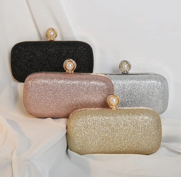 Elegant Pearl Clutch Bag for Women – Rose Gold Sparkle Box Purse for Party, Wedding, Evening Wear