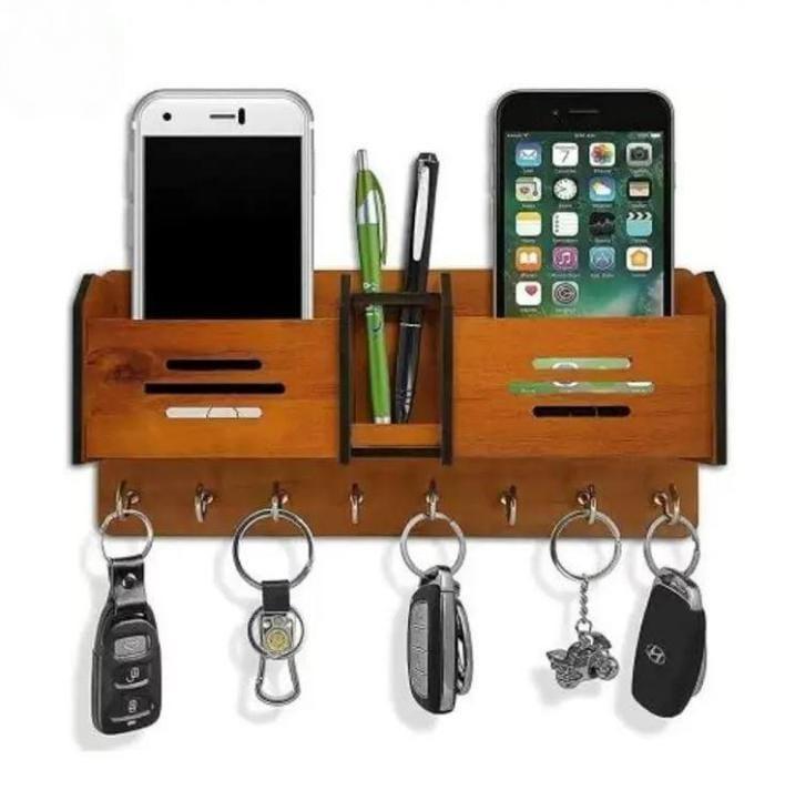 Multi-Function Wooden Key Rack Wall Organizer with Mobile Charging Stand
