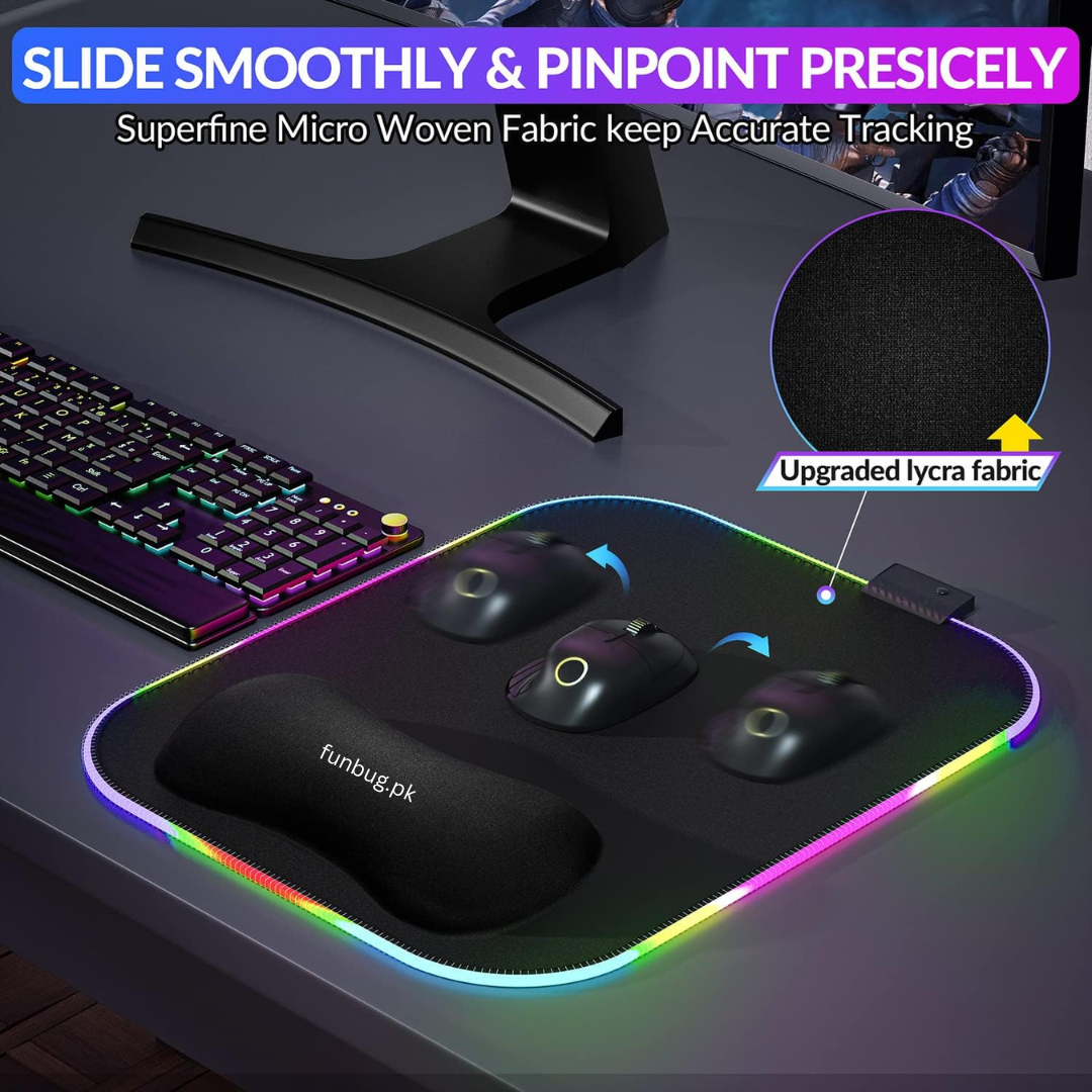 High-Quality XXL RGB Gaming Mouse Pad SMALL & Large Size with Gel Wrist Pad - Extended & Small Led Soft Cloth Mousepad Mat with Non-Slip Rubber Base & 14 Lighting Modes for Gamers, PC Computer, Laptop, Office - (800×300×4mm) - Black - FunBug