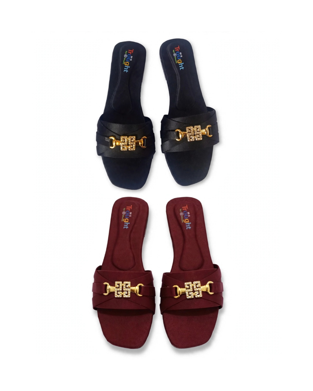 Gold Buckle Flat Sandal For Women, Crystal Slide Chappal Shoes,  Ladies Fancy Comfortable Footwear, Black Mehroon