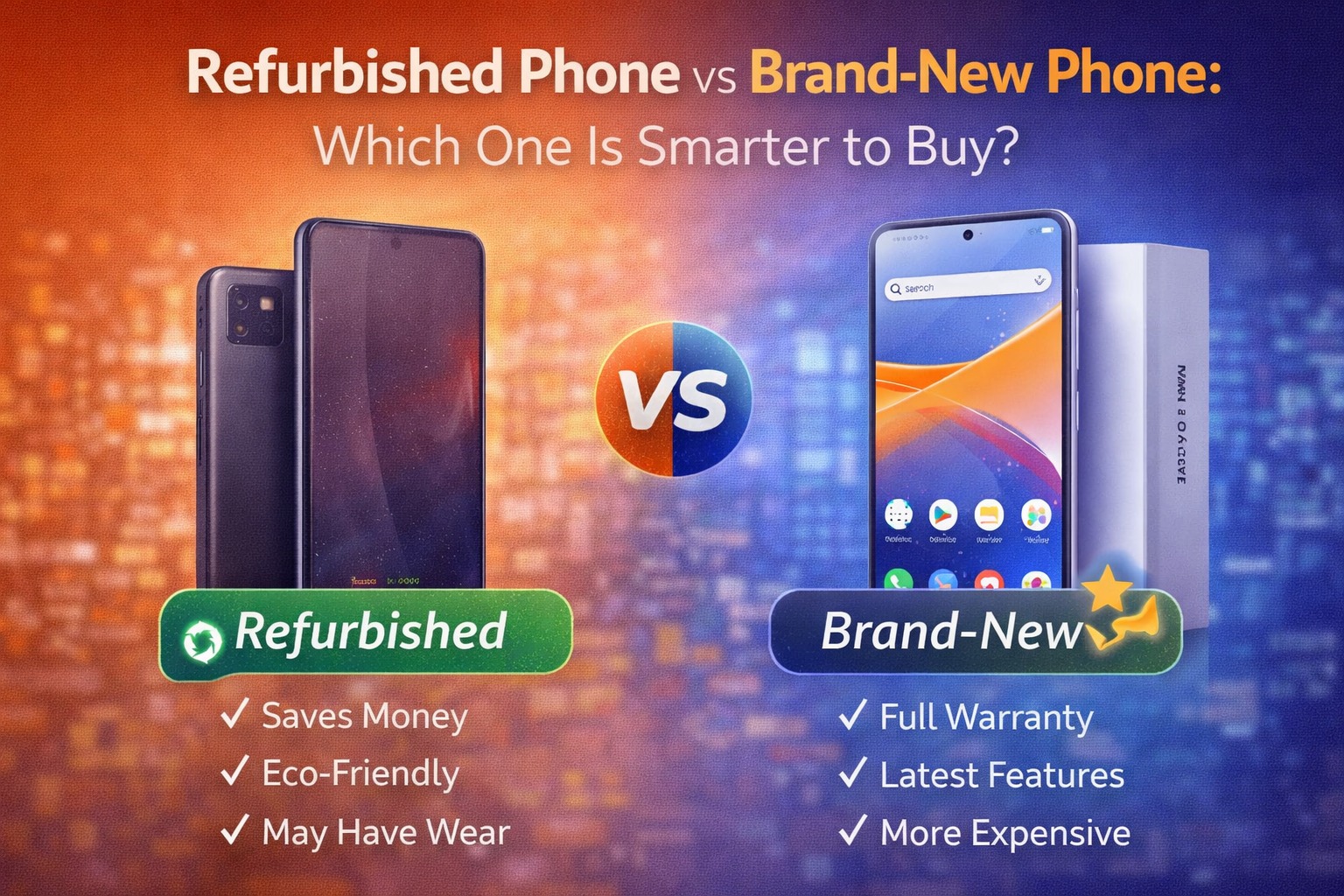 Infographic comparing refurbished and brand new phones including pros cons pricing warranty and performance