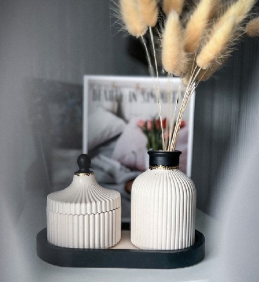 3 Pcs Set of Home Decor  1x Ribbed Concrete Mini Flower Vase, 1x Ribbed Concrete Trinket Jewellery Storage Box & 1x Oval Shaped Concrete Trinket Tray  Storage & Organisation  Decorative Accents  Jewellery Armoires & Boxes  Gift Sets