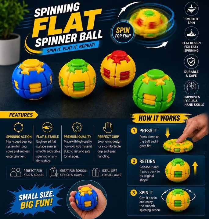 Spinning Flat Spinner Ball – Transforming Fidget Toy | 2-in-1 Magic Spinner & Stress Relief Toy for Kids & Adults