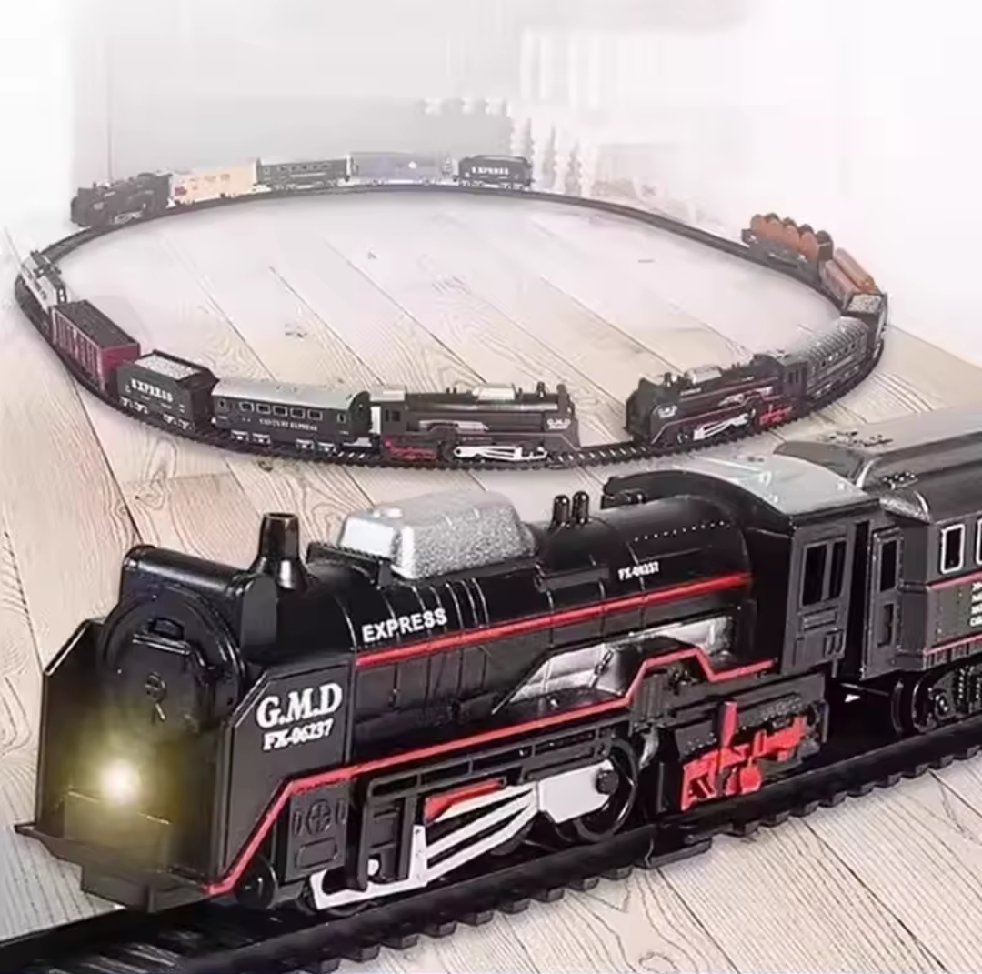 Laam Meem World Classical Railway Freight Train Toy Electric Christmas Train Track Set with Light Tracks Model Toys for Kids Gift Children