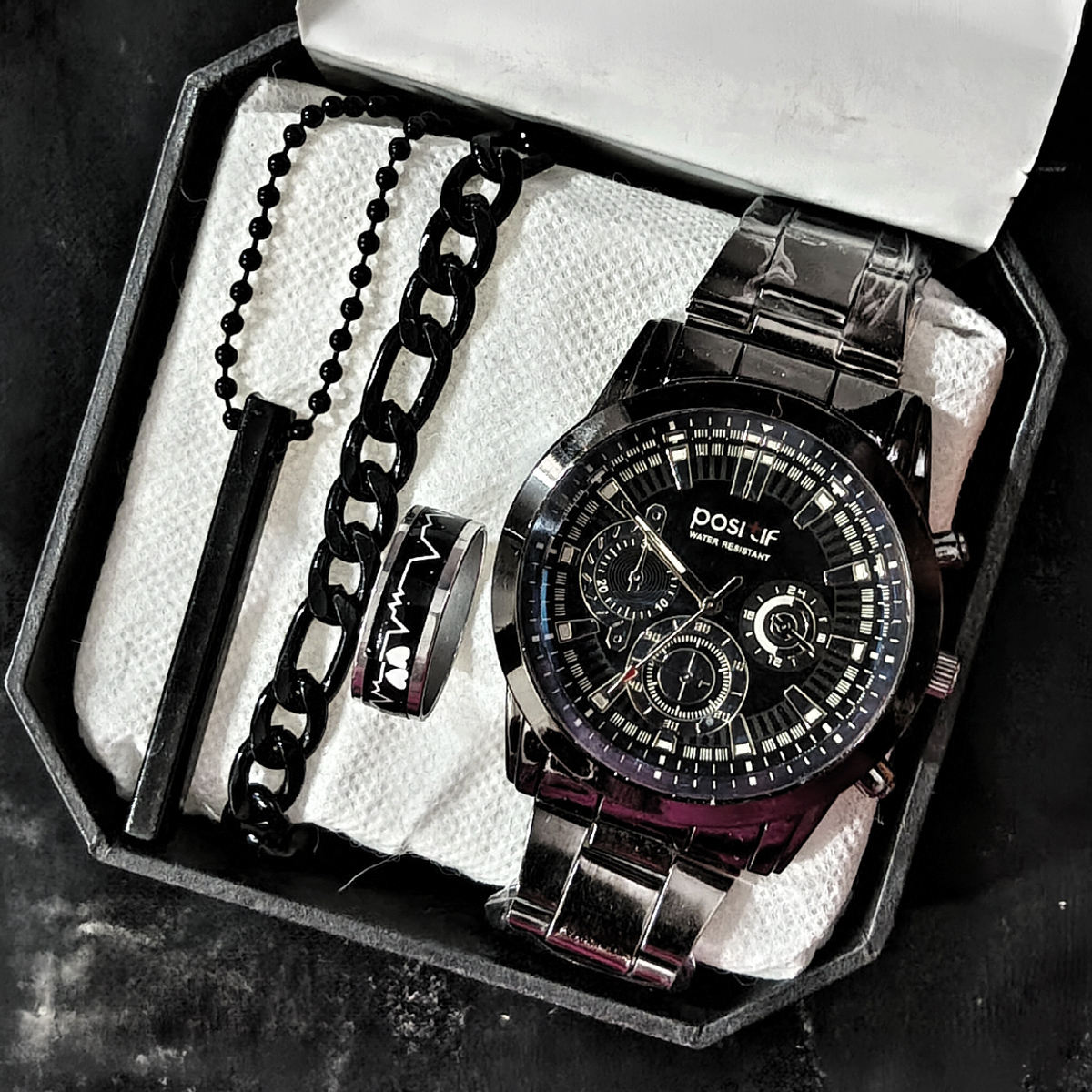 Pack of 4 Watch Set for Men Stainless Steel Quartz Watch with Bracelet Ring and Locket Business and Casual Style Black