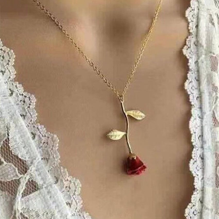 New fashion golden red rose pendant with chain necklace