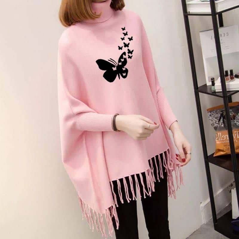 Butterfly Printed Bat Wing Style Winter Poncho For Women