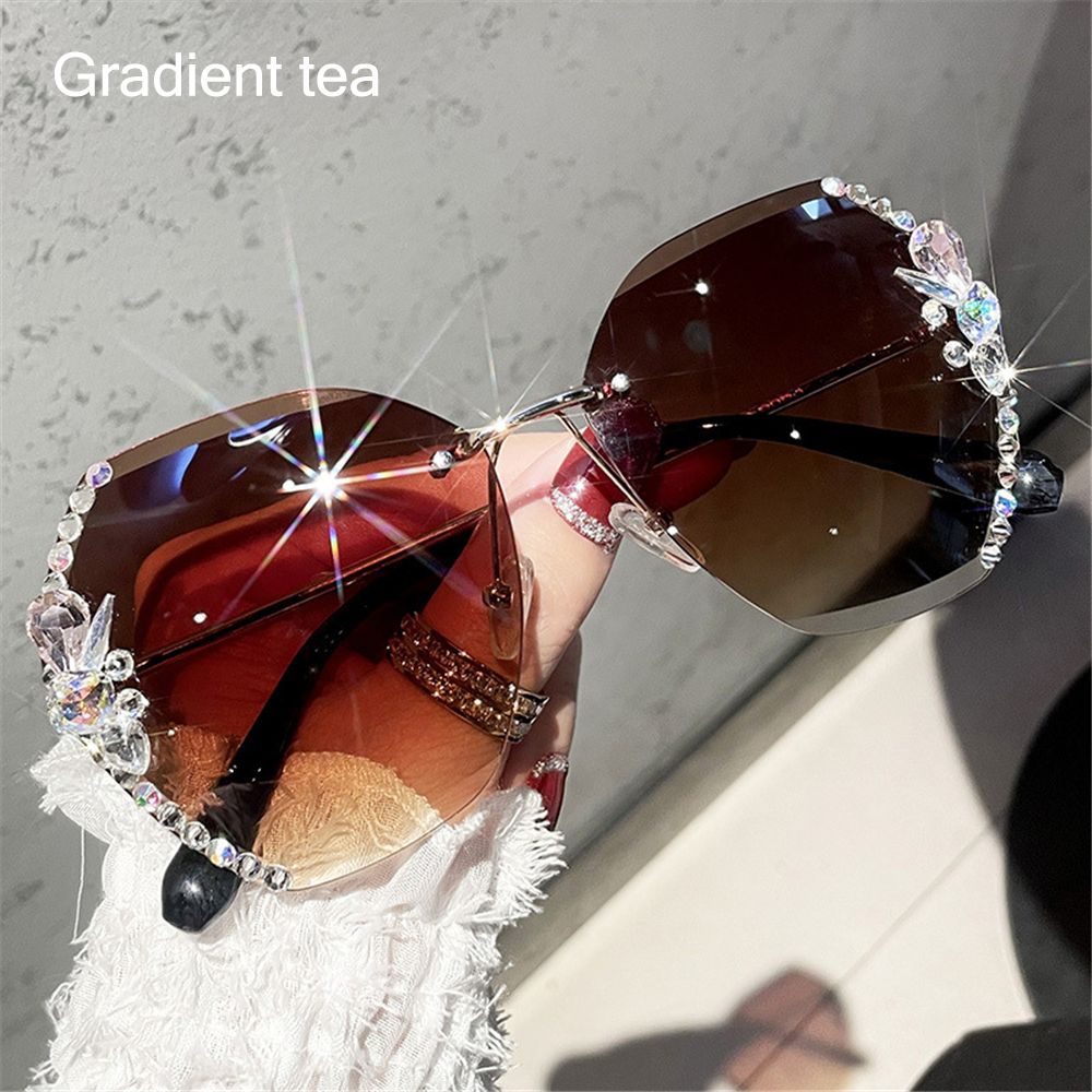Vintage Cutting Lens UV400 Rhinestone Sunglasses Women Sun Glasses Rimless Sunglasses Gradient Rimless Sunglasses