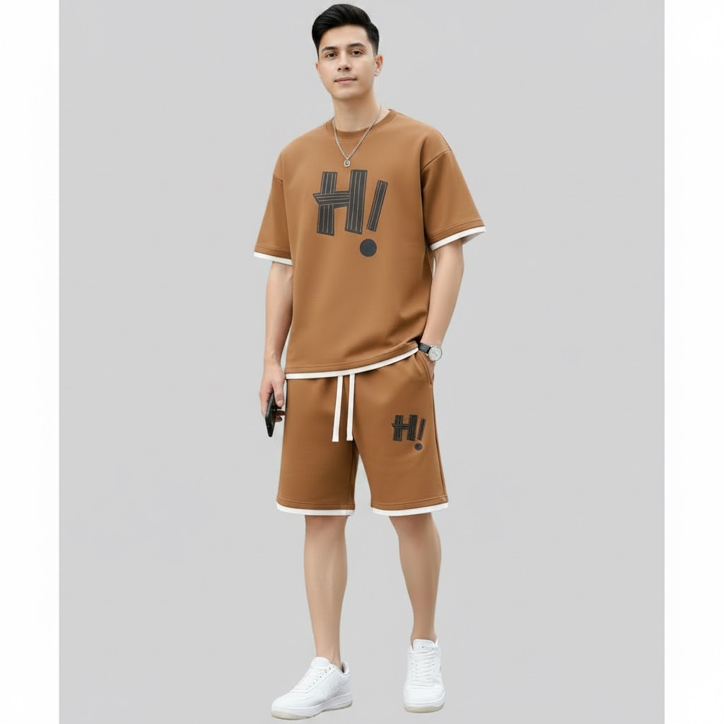 Men's Brown Printed Summer Tracksuit Set (T-Shirt & Shorts)