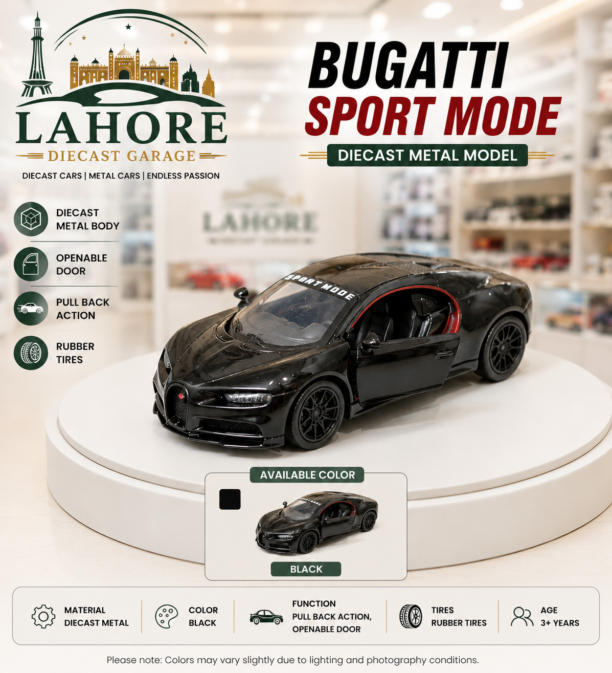 Black Bugatti Chiron Diecast Model Car Toy with Openable Doors, Sport Mode Windshield Text, High-Quality Alloy Build, Miniature Replica for Collectors and Kids, Pull Back Action Sports Car with Rubber Tires and Detailed Interior