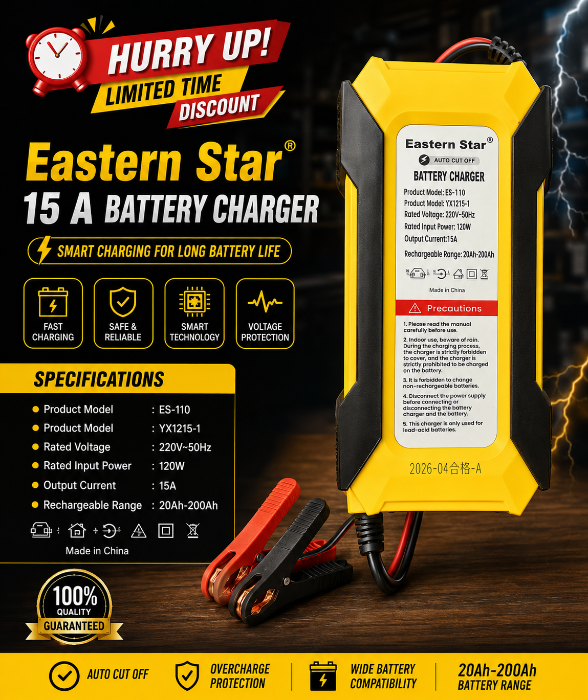 Eastern Star 12V 15A Battery Charger Automatic Auto Cut Off Smart Charger