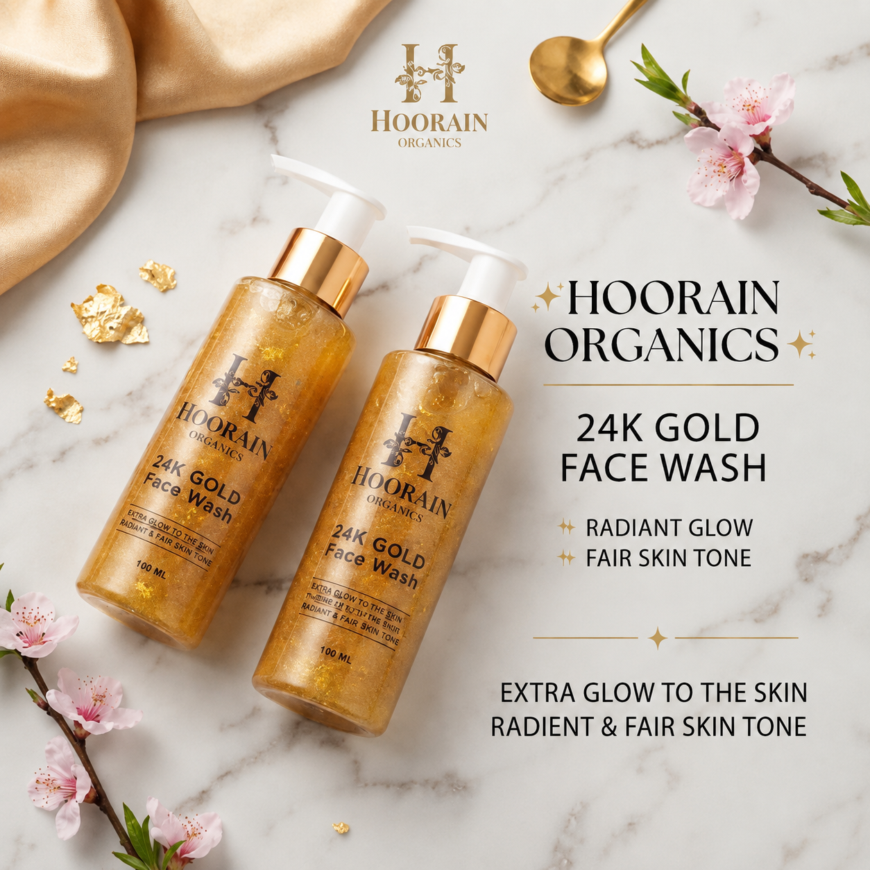 HOORAIN ORGANICS 24K Gold Face Wash 100ml | Face Cleanser | Radiant Glow & Deep Cleansing