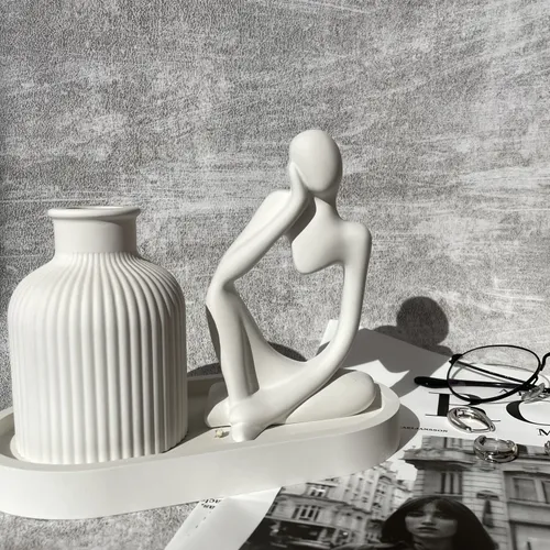 3pc deal of home decor set | Abstract Thinker figure| Stripped Vase | Trinket tray