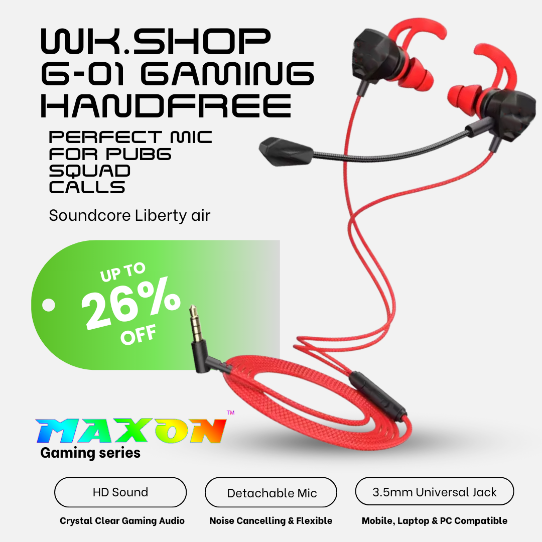WK.SHOP G-01 Gaming Handfree Wired Earphones with Detachable Noise Cancelling Mic, HD Crystal Clear Sound, 3.5mm Universal Jack, Comfortable Ear Hook Design, Best for PUBG Squad Calls, Mobile Laptop PC Compatible