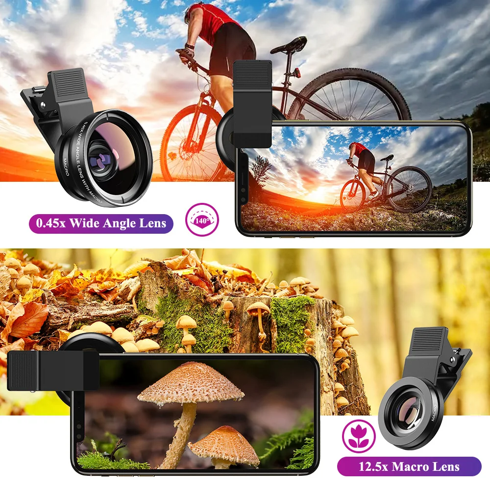 2 In 1 Clip-on Fish Eye Magnifiers Mobile Phone Lens Professional Mobile Phone Camera Lenses 15X Macro 0.45X Super Wide Angle
