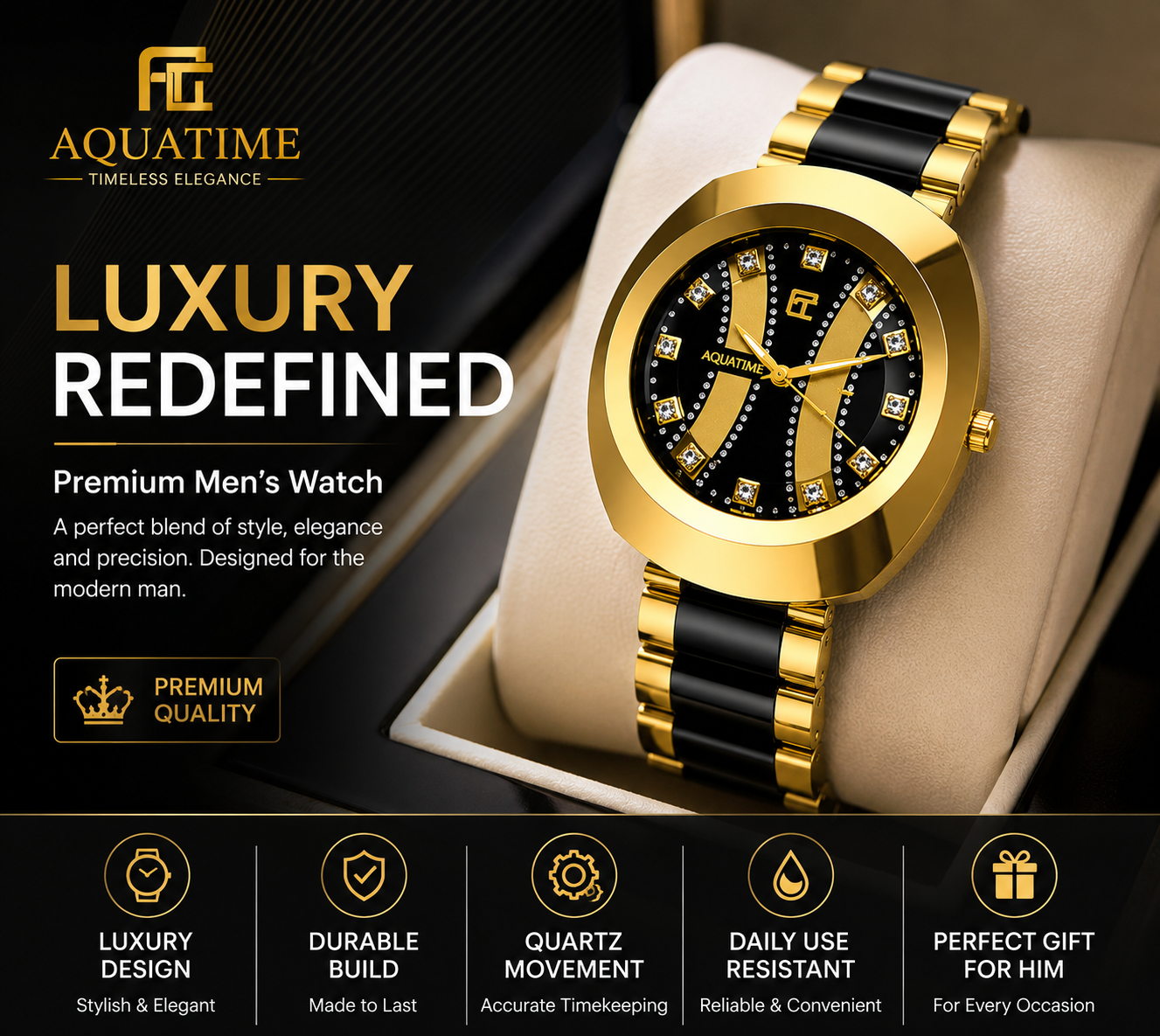 Aquatime Men's Luxury Quartz Watch | Gold & Black Stainless Steel Strap | Premium Fashion Wrist Watch for Men