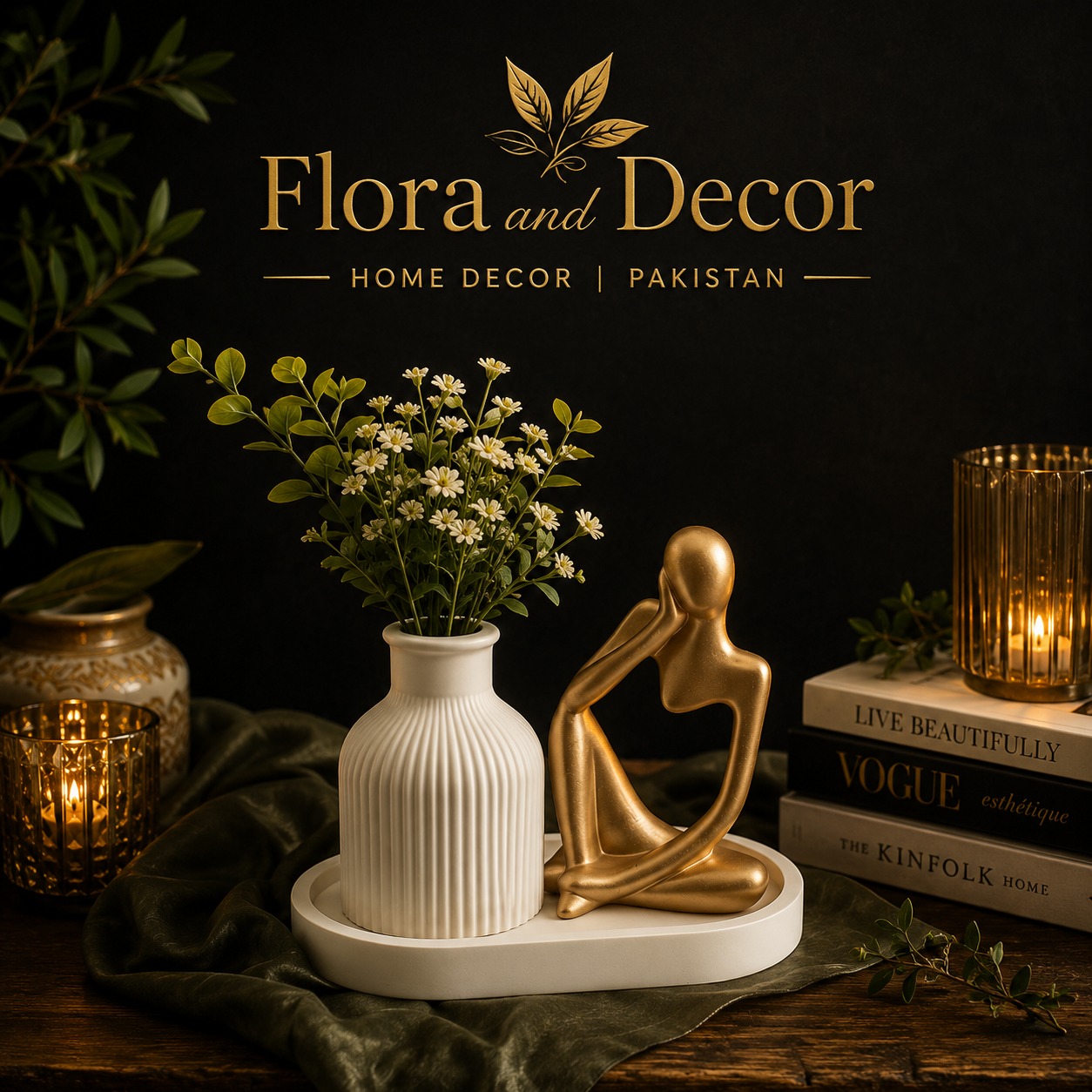 Set of 3 Home Decor Showpiece – Thinker Statue + Mini Vase + Oval Tray | Cement & Gypsum | Gift for Home, Office