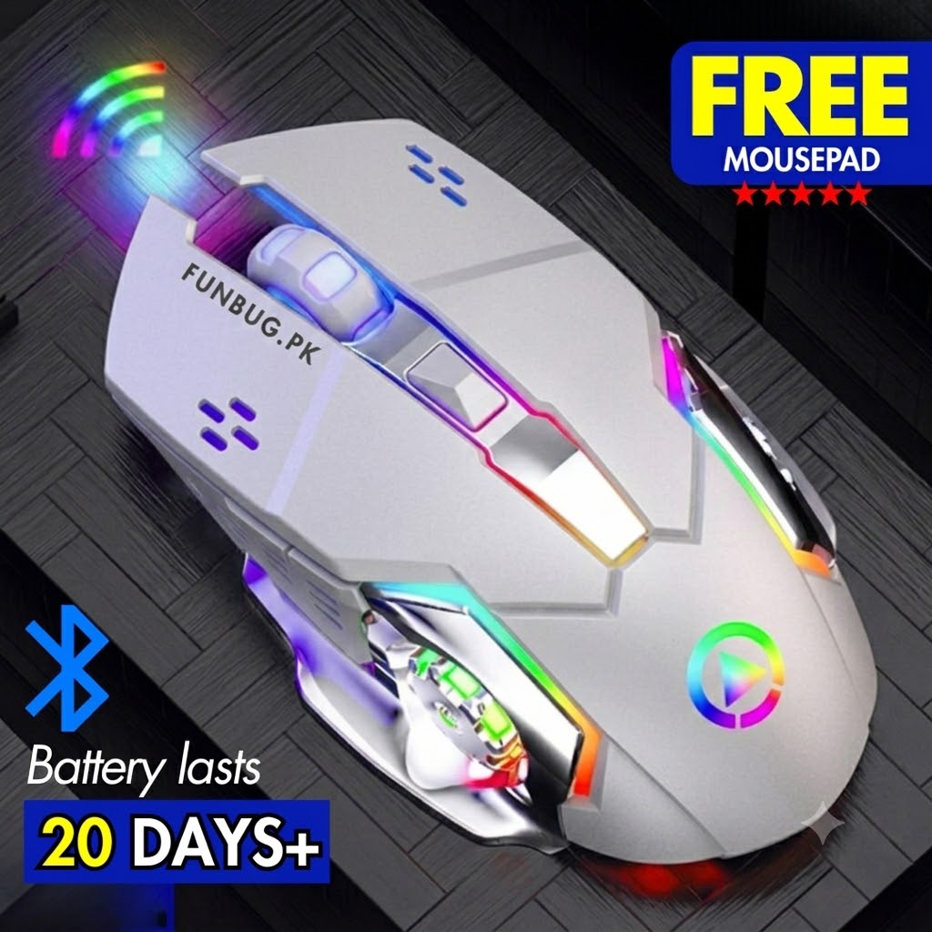 FunBug Wireless Gaming Mouse RGB with 6 Buttons & 3-Levels DPI Control - Breathing LED Light 2.4G Optical Wireless Mouse with MousePad & Side Buttons for Girls PC, Gaming, Laptop, Pubg, Mobile, Pad, OS, Windows - By FunBug