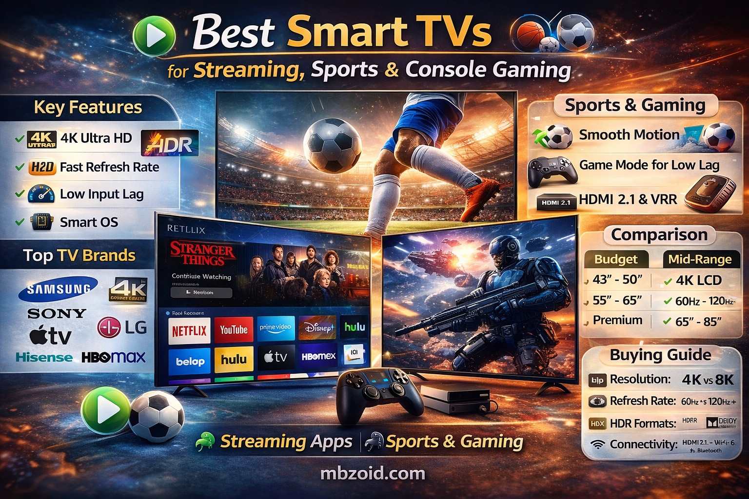 Smart TV with gaming console support, HDR display, 120Hz refresh rate and smart apps for entertainment