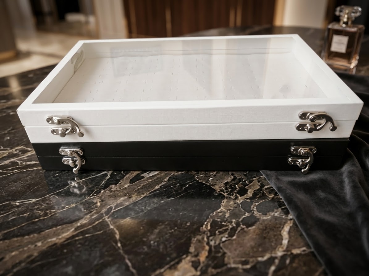 90 Slots Ring Organizer Display Case,Jewelry Storage Tray Boxes for Multiple Rings,Glass Lid,