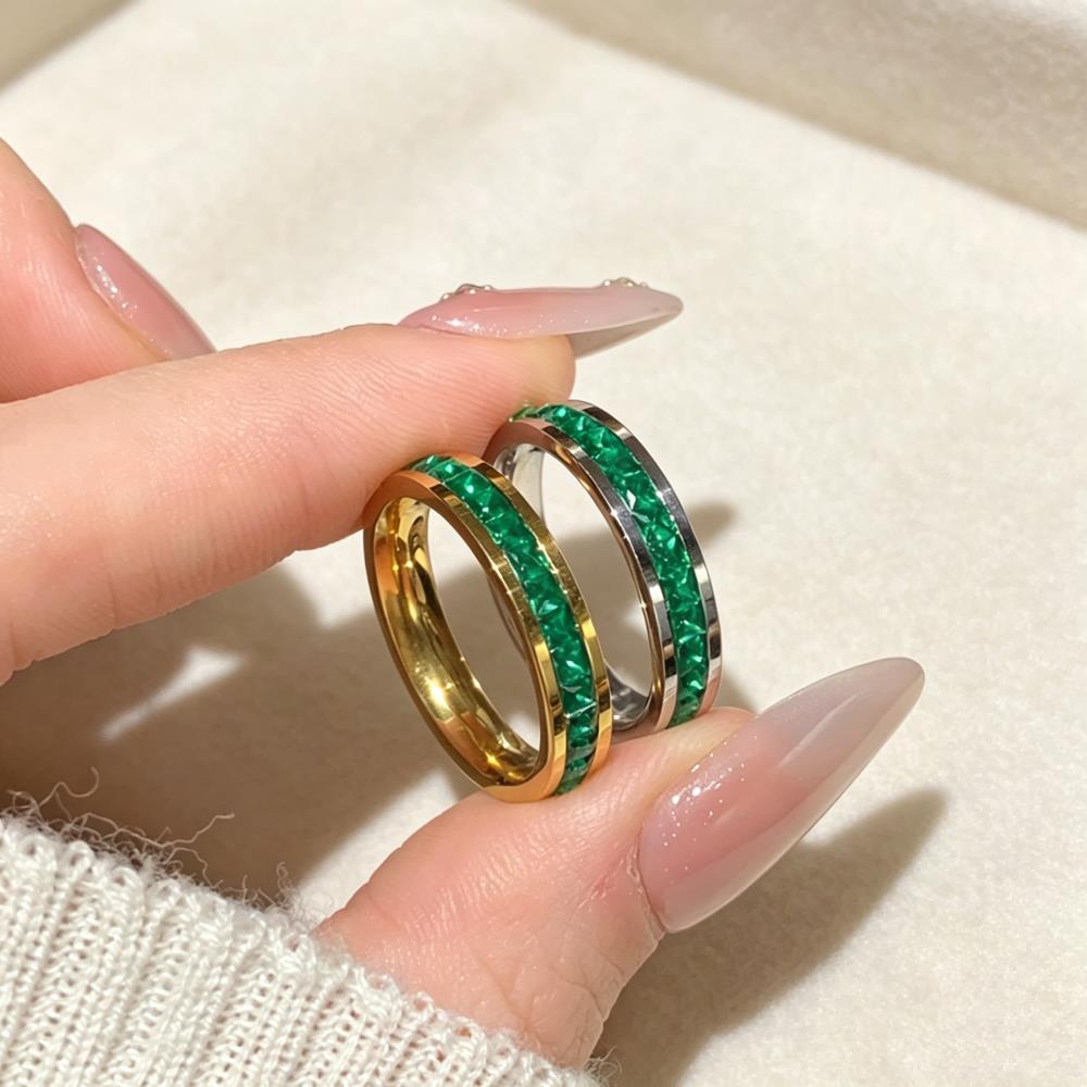 Small Square Green Rhinestone Stainless Steel Rings For Women Female Gold Silver Color Engagement Wedding Bands Party Jewelry